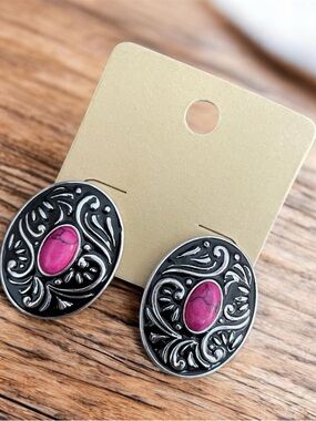 Western Silver & Pink Embossed Earrings